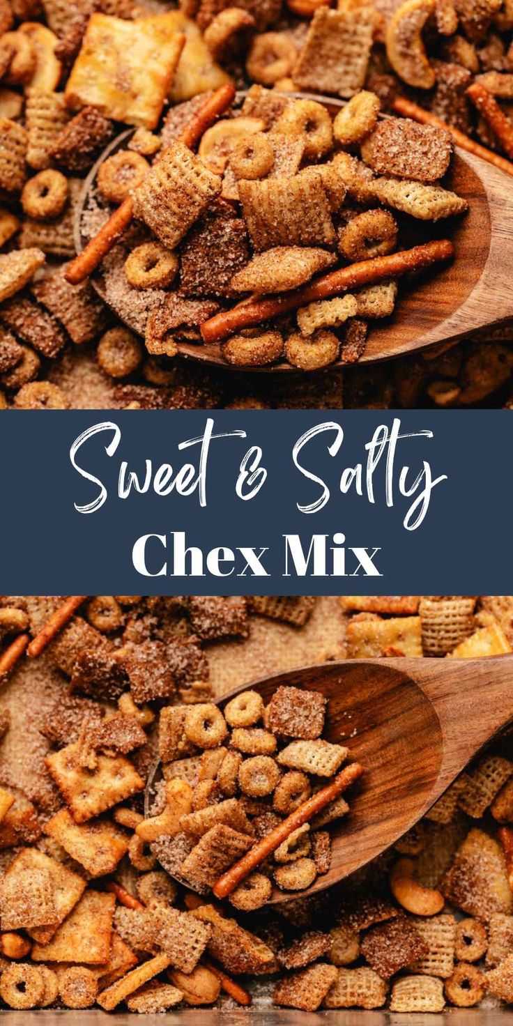 two wooden spoons filled with sweet and salty chex mix on top of a pile of cereal