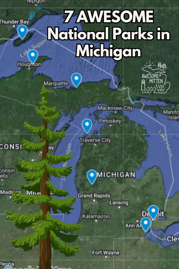 a map with the 7 awesome national parks in michigan highlighted by blue marker markers and trees