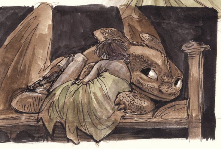 a drawing of a woman laying on a bed next to a dragon