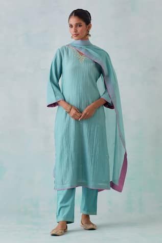 Teal blue chanderi kurta with sequin and thread embroidery. Paired with a cotton pant and chanderi dupatta. - Aza Fashions Blue Cotton Silk Churidar With Dabka Work, Semi-stitched Blue Cotton Silk Kurta, Blue Semi-stitched Cotton Silk Kurta, Blue Cotton Silk Churidar With Zari Work, Blue Chikankari Embroidery Cotton Silk Salwar Kameez, Festive Light Blue Kurta With Resham Embroidery, Festive Blue Mulmul Churidar, Blue Cotton Traditional Wear With Mirror Work, Blue Mulmul Kurta With Zari Work