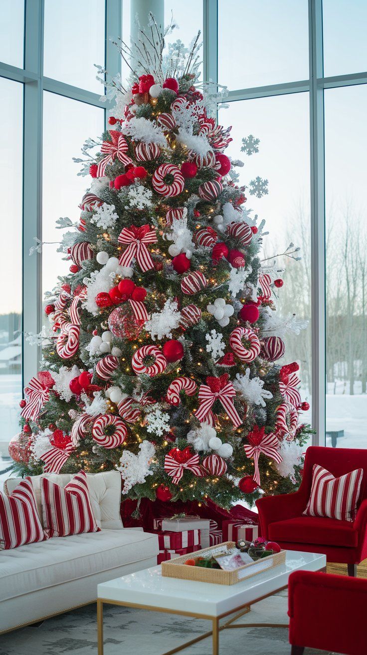 a christmas tree decorated with candy canes and snowflakes