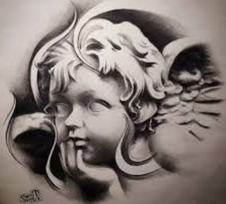 a drawing of an angel with wings on it's face and head, in black and white