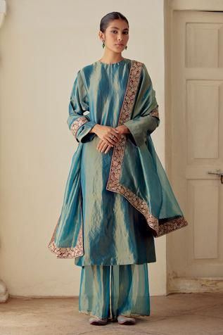 Shop for Mimamsaa Blue Zaaya Tissue Silk Kurta Pant Set for Women Online at Aza Fashions Tissue Kurta Designs Women, Tissue Suits Design Indian, Silk Indian Suits, Tissue Silk Suit Design, Tissue Suits Design Pakistani, Tissue Fabric Suit Design, Tissue Dupatta Designs, Tissue Silk Suit, Tissue Dress Designs