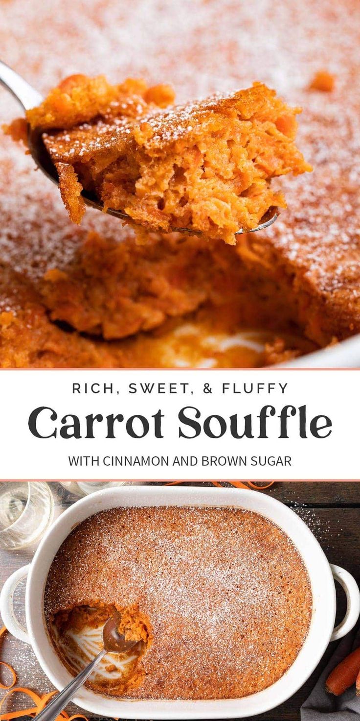 carrot souffle with cinnamon and brown sugar in a white bowl on a table