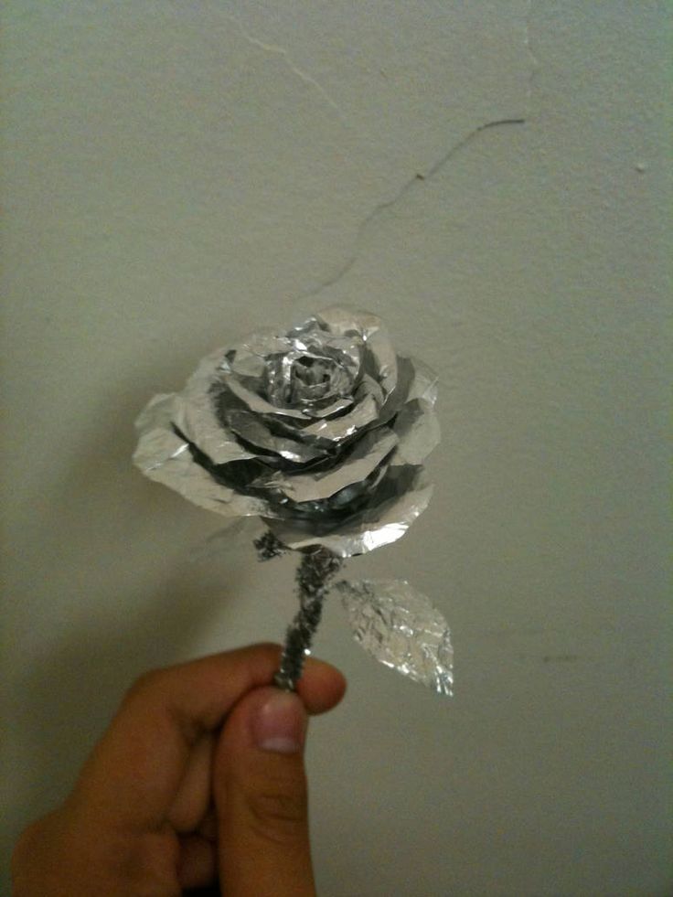 a person holding a flower made out of aluminum foil