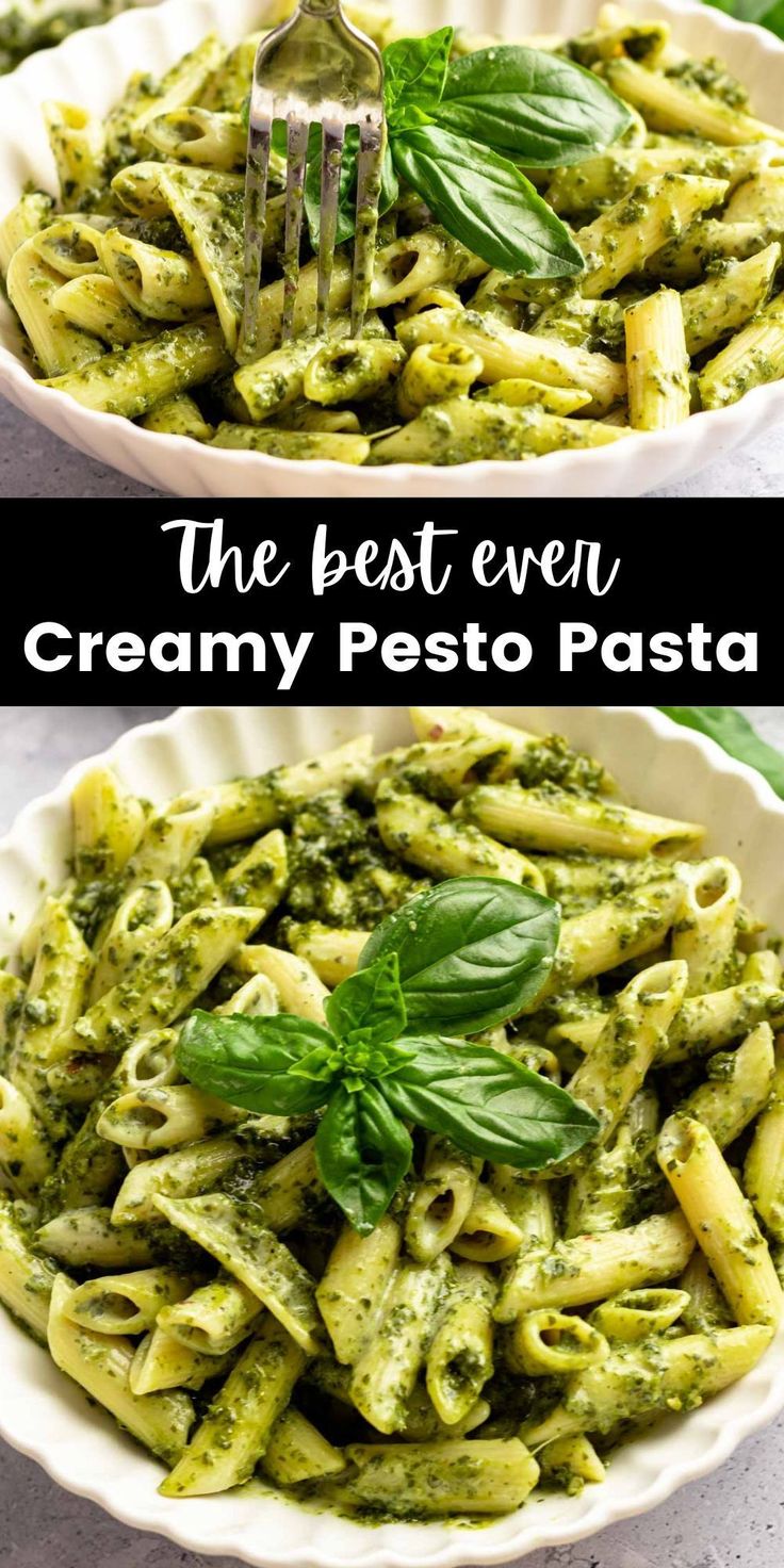 two bowls filled with pasta and pesto sauce on top of each other, one has a fork in it