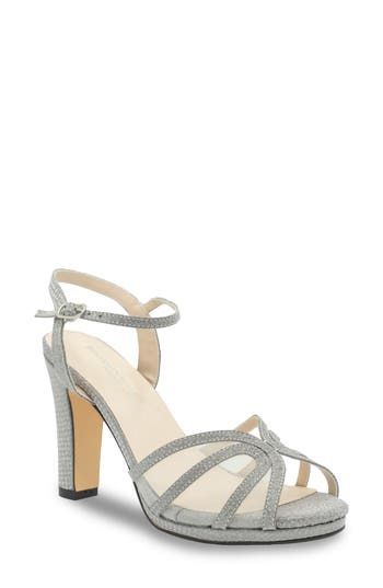 Take your special-occasion look to the next level with this shimmery, strappy sandal featuring peekaboo mesh details. 3" heel Adjustable ankle strap with buckle closure; hidden elastic inset Cushioned footbed Synthetic and textile upper/textile lining and sole Imported Silver Sandals With 4-inch Heel For Prom, Glamorous Prom Sandals With 4-inch Heel, Glamorous 4-inch Heel Sandals For Prom, Silver Strappy Sandals With 4-inch Heel, Strappy Heels With Heel Strap For Prom, Glamorous Strappy Sandals For Prom, Glitter Ankle Strap Sandals For Prom, Open Toe Sandals With Buckle Closure For Prom, Prom Sandals With Buckle Closure And Open Toe