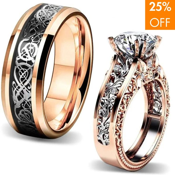 two wedding bands and one engagement ring with an intricate design on the side, both in rose gold and black