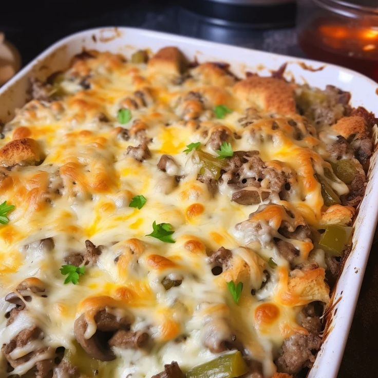 a casserole dish with meat, cheese and vegetables