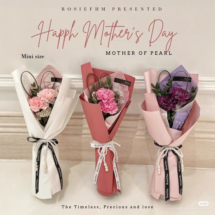 three pink and white flowers in vases with the words happy mother's day