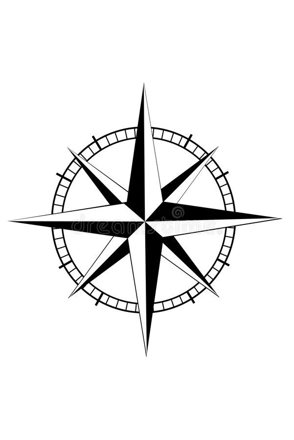 a black and white photo of a compass on a white background with the word,