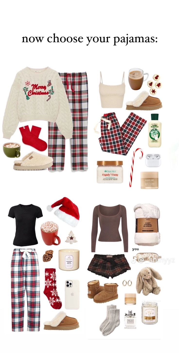 a collage of items that include pajamas, sweaters and coffee cups with the words now choose your pajamas