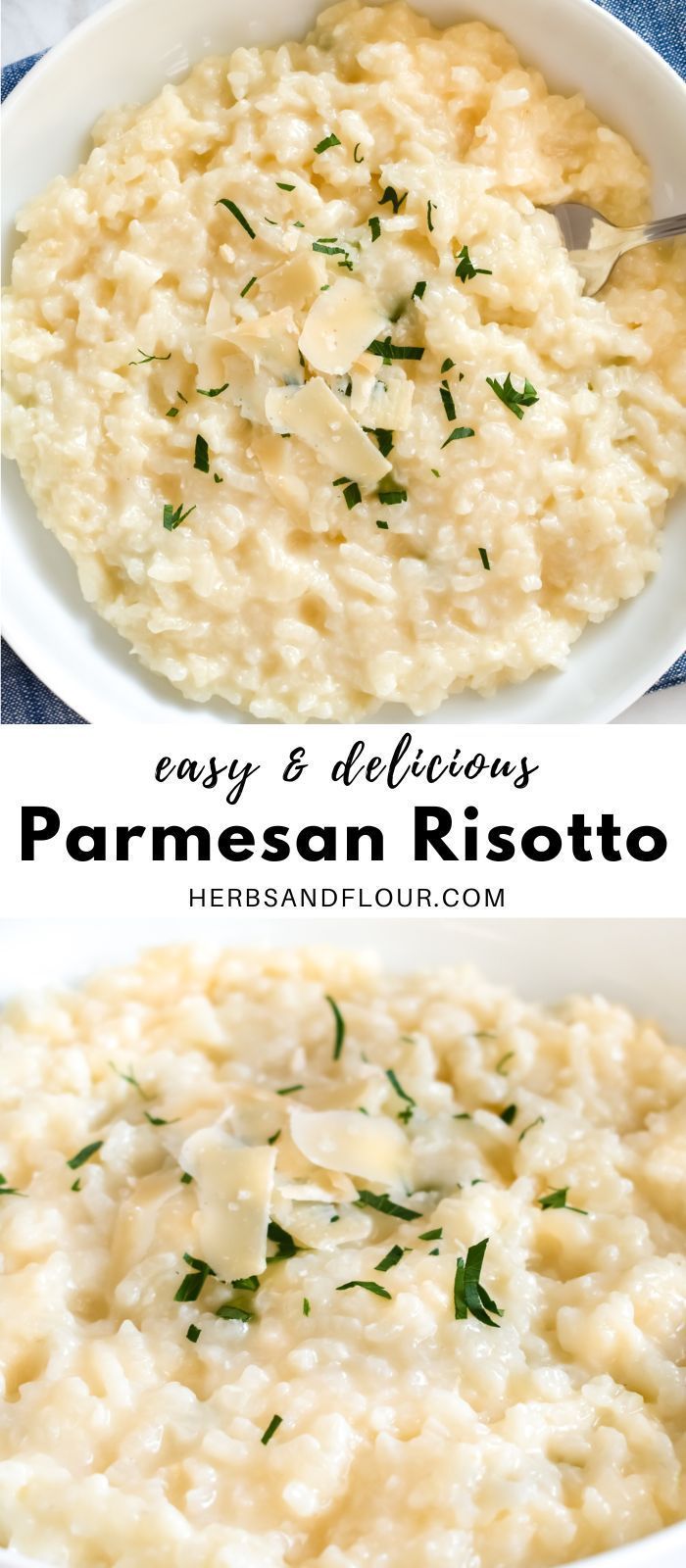 two pictures of mashed potatoes with parmesan in a white bowl