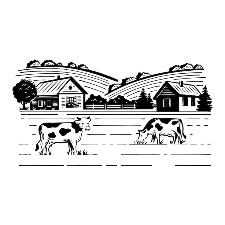 two cows grazing in front of a farm house with mountains in the background and trees on either side