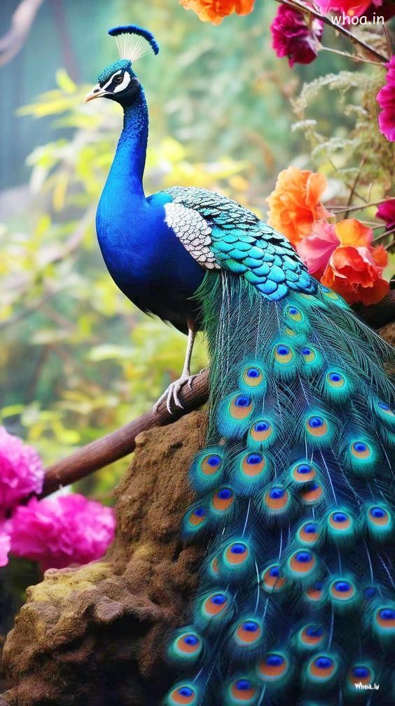 a peacock is standing on a branch with its feathers spread out and colorful flowers in the background