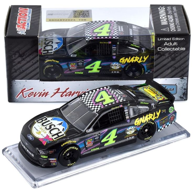 a die - cast car in a plastic display case with the number four on it