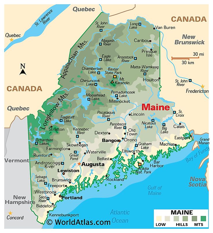 a map of maine with the capital and major cities on it's borders,