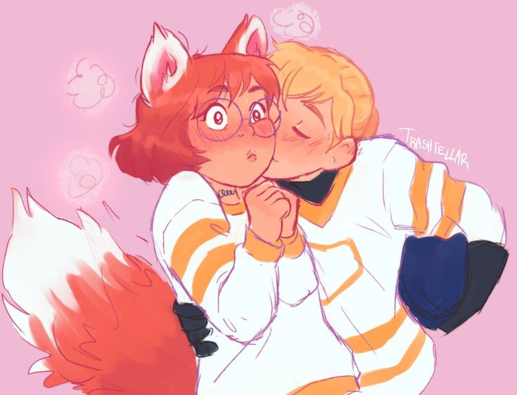 two people are hugging each other in front of a pink background with an orange and white fox