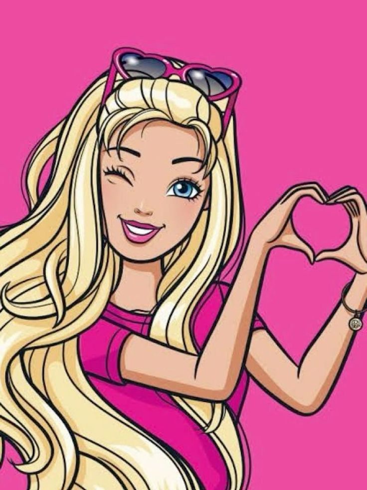 a cartoon girl with long blonde hair and sunglasses holding up a heart shaped hand sign