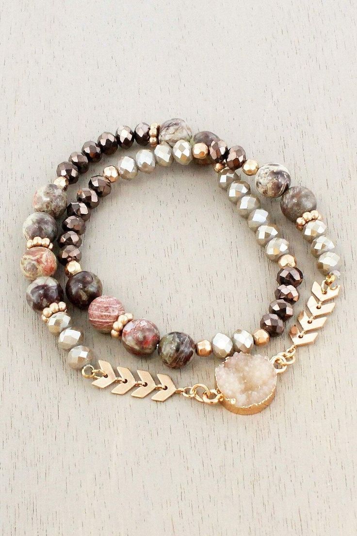 This stunning bracelet will dress up any outfit and makes a great gift.  Longer bracelet wraps twice around your wrist.  Comes in 2 colors Grey Druzy and Beige Druzy Worn Gold-Tone Chevron Design  Beads and Trim on Druzy Stone Smooth and Faceted Beads Comfort Stretch Band 4.25" Diameter Lead Compliant Measurements are approximate and beads may vary in color. Visit our e-Bay store to find more great treasures! 306 - LW & 307- LW Bohemian Double Strand Bracelet With Faceted Beads, Colorful Beads Double Strand Bracelet, Adjustable Double Strand Bracelets With Colorful Beads, Adjustable Double Strand Gemstone Beads Bracelet, Adjustable Double Strand Colorful Beads Bracelet, Adjustable Double Strand Hand Wrapped Bracelets, Adjustable Double Strand Beaded Bracelets Hand-strung, Adjustable Double Strand Hand-strung Beaded Bracelets, Spiritual Double Strand Beaded Bracelets