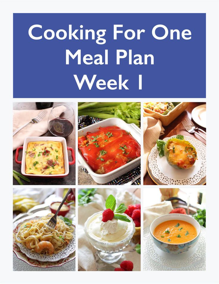 the cover of cooking for one meal plan week 1, with pictures of different dishes