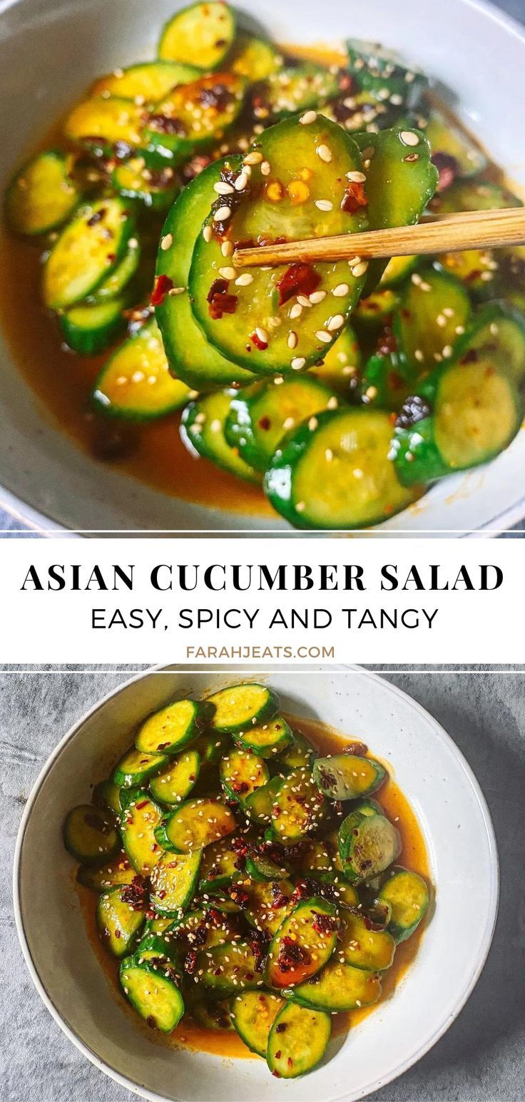 2 photos of easy spicy asian cucumber salad. The bottom photo is the salad plated in a white plate garnished with sesame seeds and chili oil. The top photo is a close up of the plate with a pair of wooden chopsticks picking up a piece of cucumber. Easy Asian Cucumber Salad, Spicy Cucumber Salad, Sommer Mad, Asian Cucumber Salad, Salad Pasta, Easy Asian, Think Food, Health Dinner Recipes, Asian Cooking