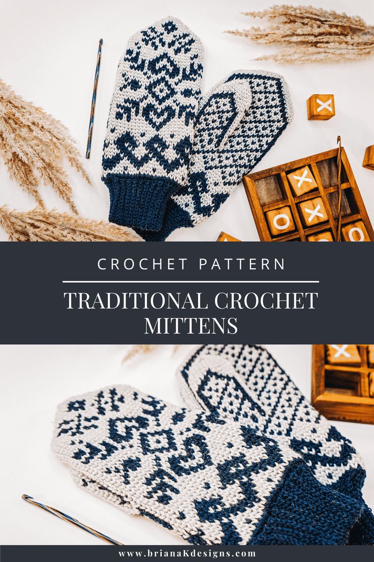 crochet pattern for traditional, crochet mittens with text overlay