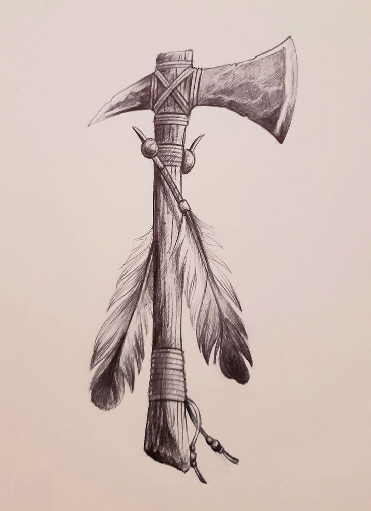 Men's Leg Tattoo Ideas, Iroquois Tattoo Symbols, Tomahawk Drawing Native American, Cowboys Vs Indians Tattoo, Indian Tomahawk Tattoo, Native American Tomahawk Tattoo, Indian Spear Tattoo, Feathered Indian Tattoo, Tomahawk Tattoo Design