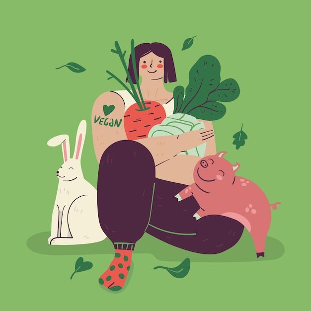 a woman is sitting on the ground with two animals and holding vegetables in her hands