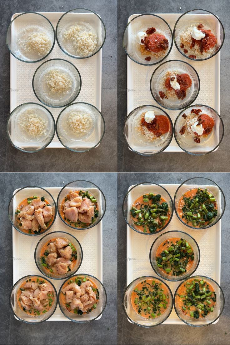 four pictures show different types of food being prepared in glass bowls on a table top