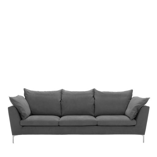 a gray couch with four pillows on the back and one arm extended to the side