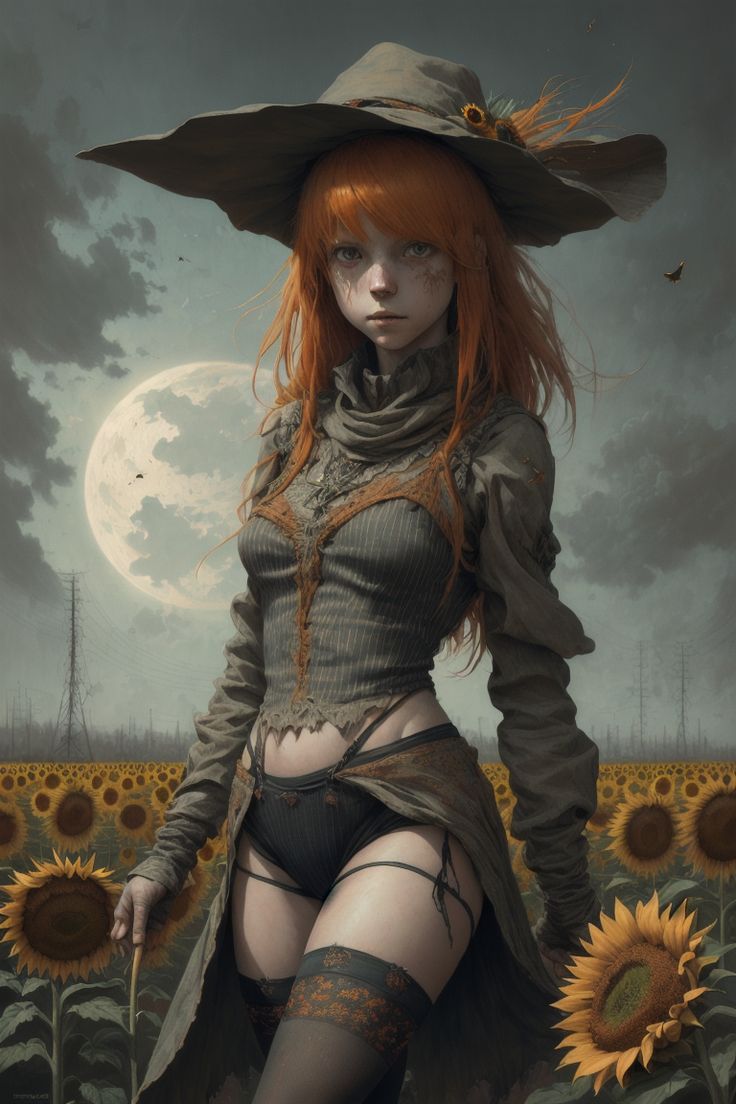 a woman with red hair wearing a hat and holding a knife in front of a field of sunflowers