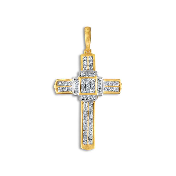 10KT White and Yellow Gold 1-1/2 CTW Diamond 43X23MM Cross Pendant-Chain Not Included White Spiritual Cross Pendant Jewelry, Religious Jewelry, Wedding Shop, Custom Engraving, Cross Pendant, How To Take Photos, Jewelry Shop, Stone Color, Types Of Metal