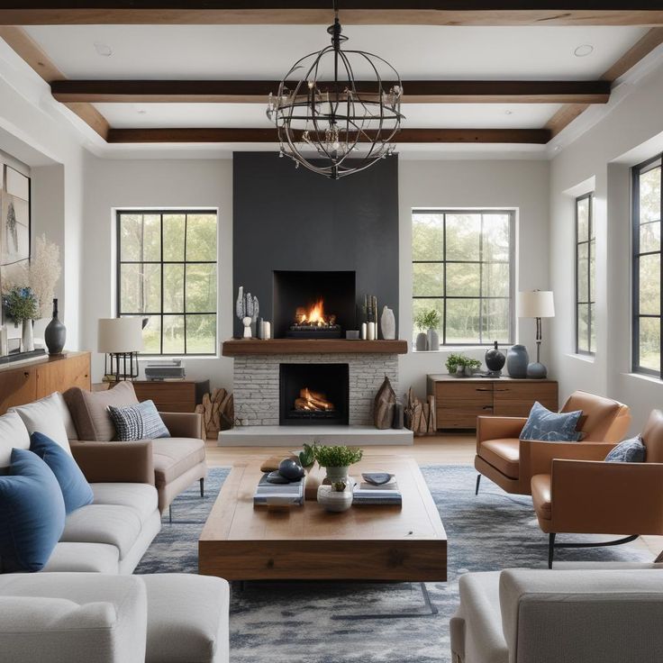 a living room filled with furniture and a fire place in the middle of the room