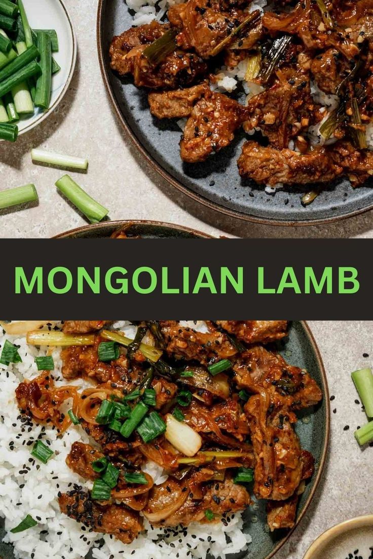 two plates filled with meat and rice next to green beans on the side, along with text overlay that reads mongolian lamb