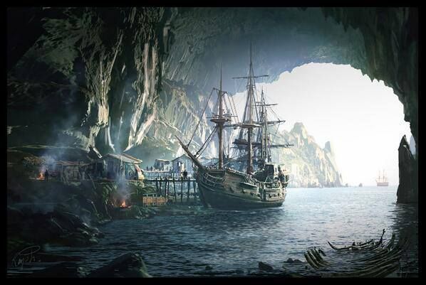 two ships in the water near a cave