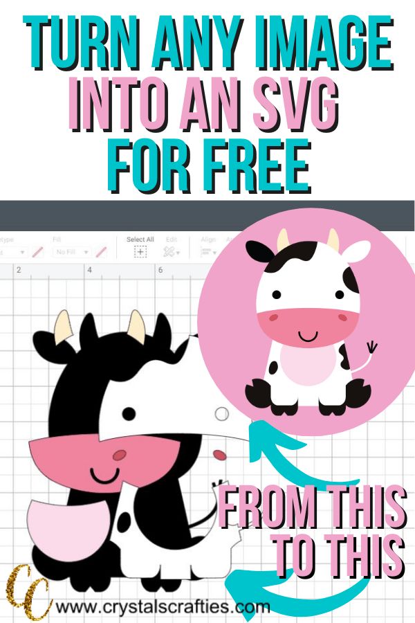 a cow with the text turn any image into an svg for free from this to this