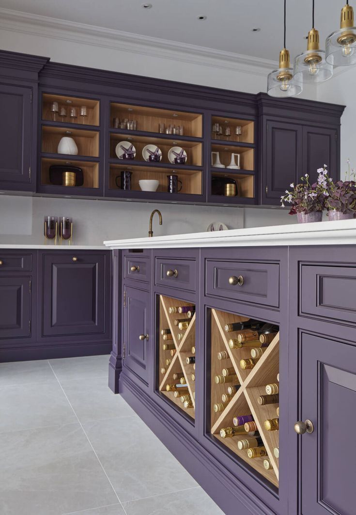 kitchen cabinets makeover colors Deep Purple Kitchen Cabinets, Deep Purple Kitchen, Plum Cabinets Kitchen, Eggplant Cabinets, Aubergine Kitchen Cabinets, Lilac Kitchen Cabinets, Dark Purple Kitchen Cabinets, Purple Cabinets Kitchen, Plum Kitchen Cabinets