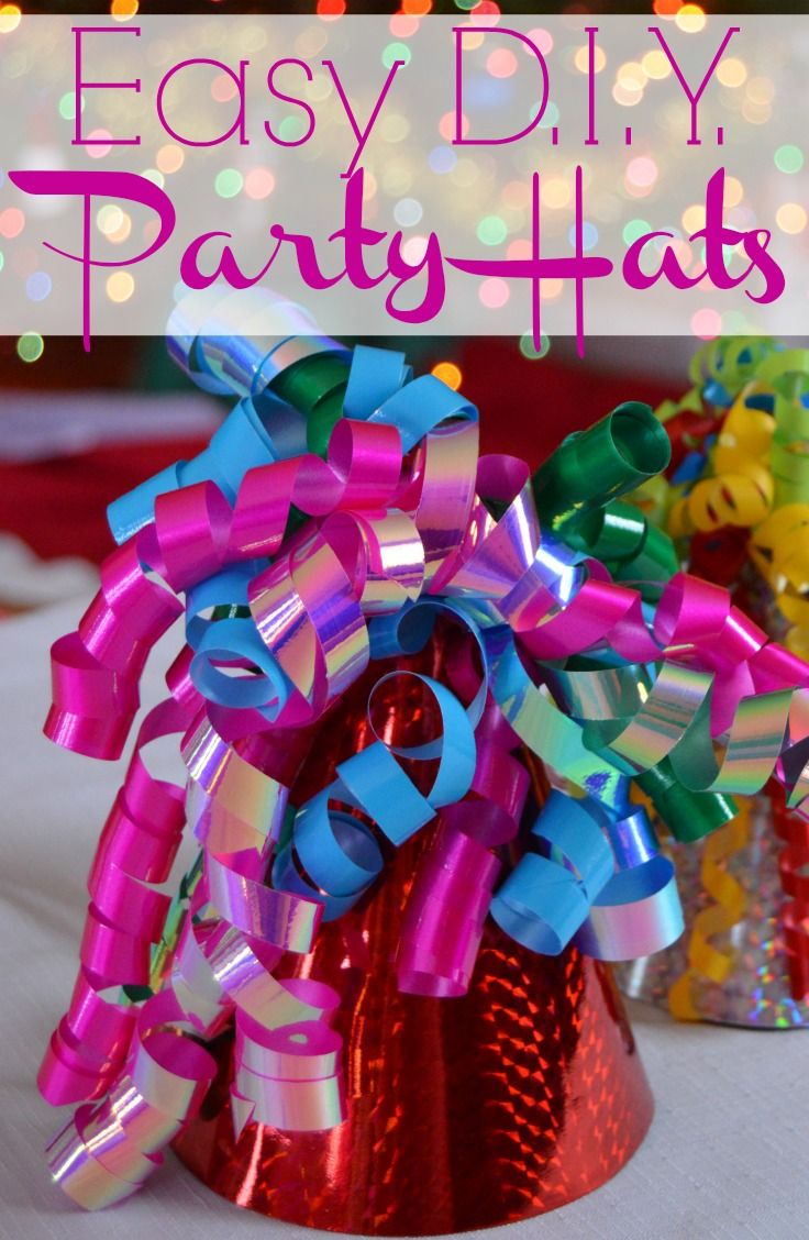 an easy diy party hat made out of tinsels and ribbons with text overlay that says easy diy party hats