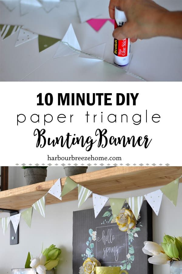 an image of paper triangle bunting banner with text overlay that reads 10 minute diy paper triangle bunting banner