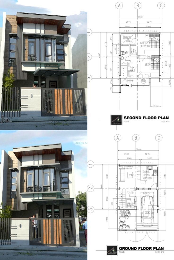 two story house plans with garage and second floor plan in the same section, showing different levels