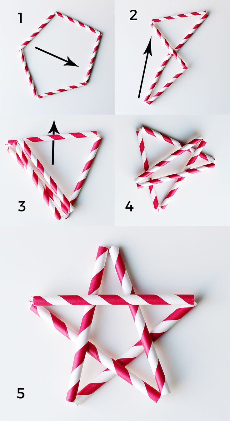 instructions to make paper star ornaments with red and white striped strips on the bottom, one is