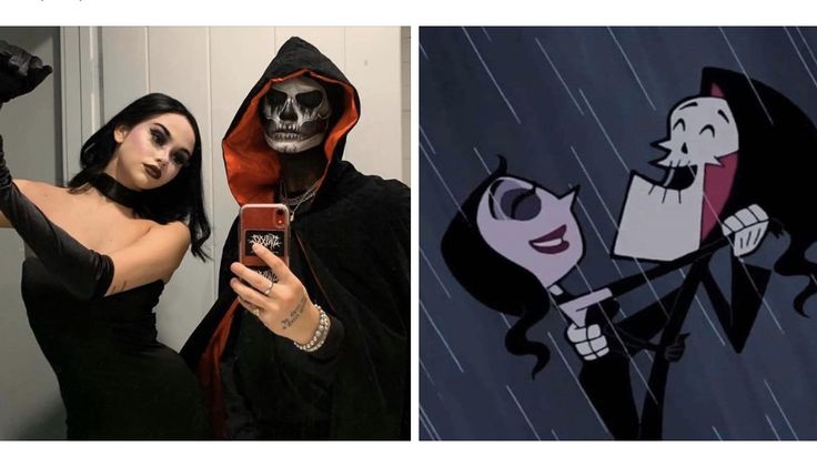 #halloweencostume #grimmadventures Grimm & Malaria Grimm And Malaria, Black Hair Halloween Costumes, Grim Reaper Halloween Costume, Halloween Parejas, Halloween Coustumes, Hot Halloween Outfits, Couples Halloween Outfits, Cute Couple Halloween Costumes, Being Different