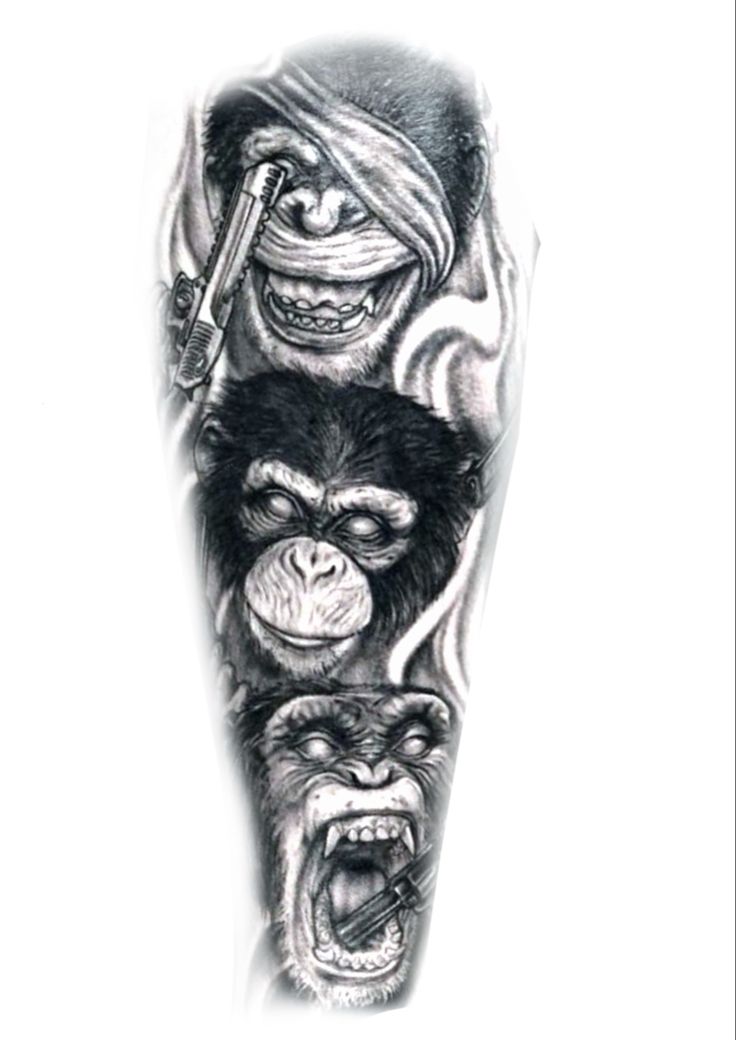 an arm tattoo with three monkeys and a man's face in the middle of it