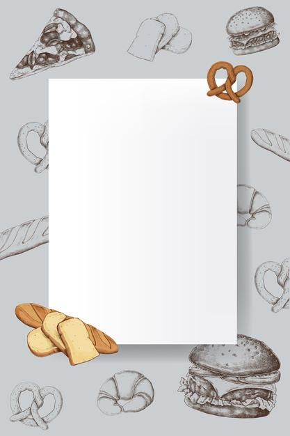 an illustration of bread and pretzels with a white paper in the middle on a gray background