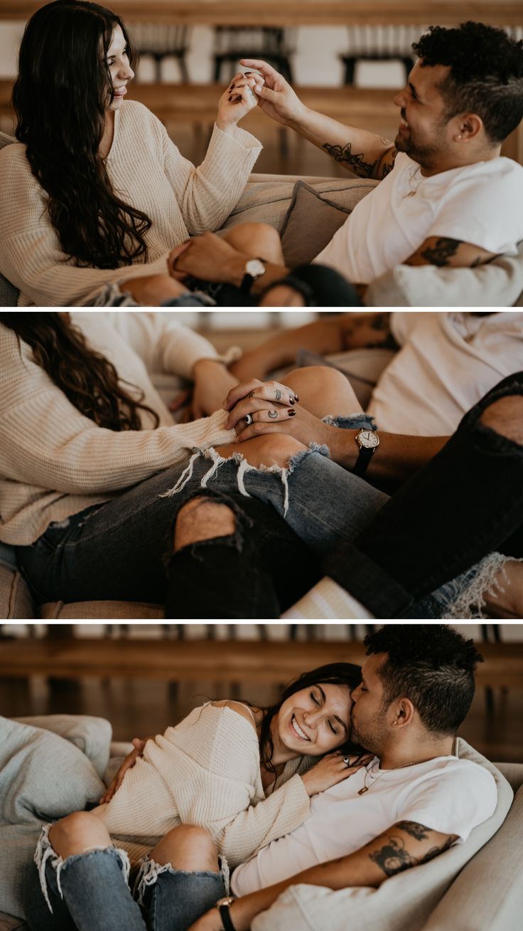 a man and woman sitting on top of a couch next to each other