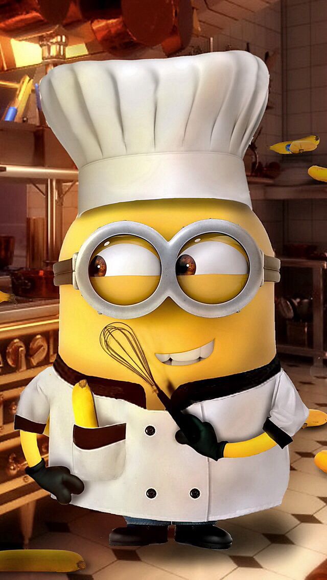 a cartoon character holding a whisk in front of a kitchen with bananas hanging from the ceiling