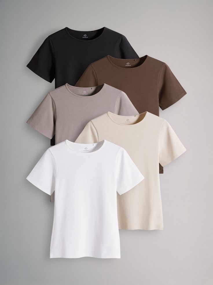 Buy The Set Black/Brown/Neutral/Nude/White 5 Pack Crew Neck T-Shirts from the Next UK online shop Jeans And Flats, Capsule Wardrobe, Looks Great, Neck T Shirt, Black And Brown, Jumper, Slim Fit, Crew Neck, T Shirts For Women