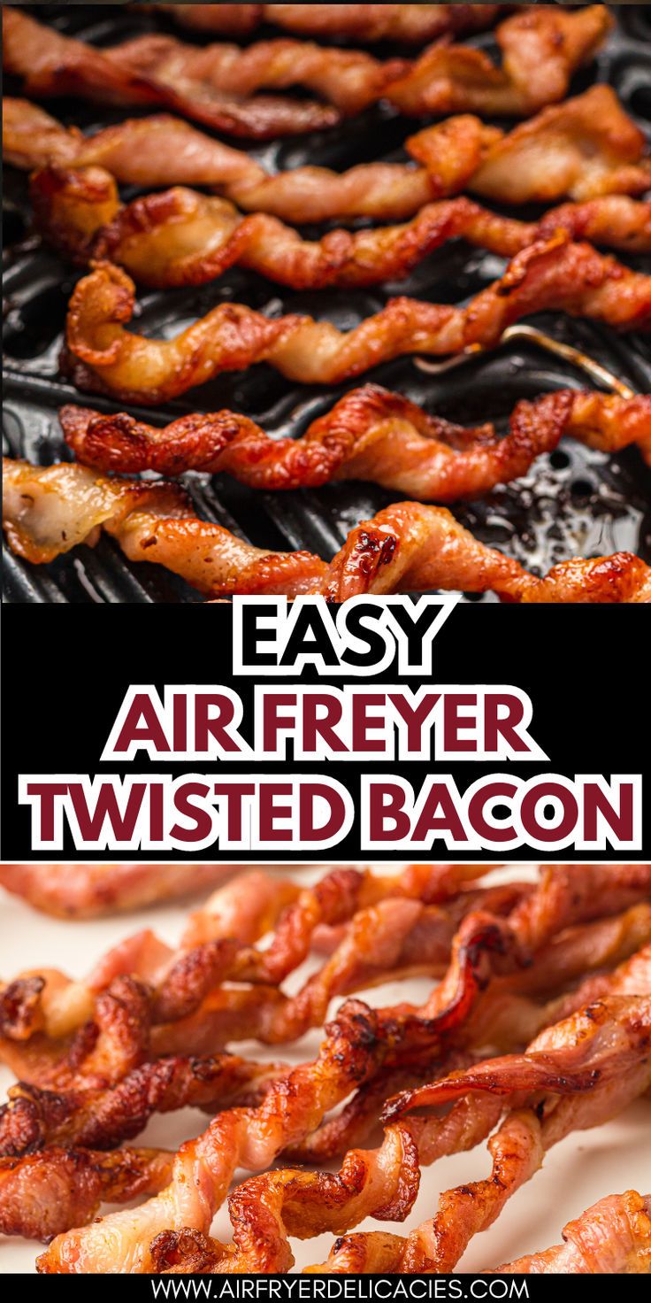 Crispy twisted bacon strips cooked in an air fryer, served on a white plate. Bacon Twist Recipe, Twisted Bacon, Airfryer Breakfast, Air Fryer Recipe, Bacon Recipe, Twisted Recipes, Easy Air Fryer, Quick Snack, Air Fryer Dinner Recipes