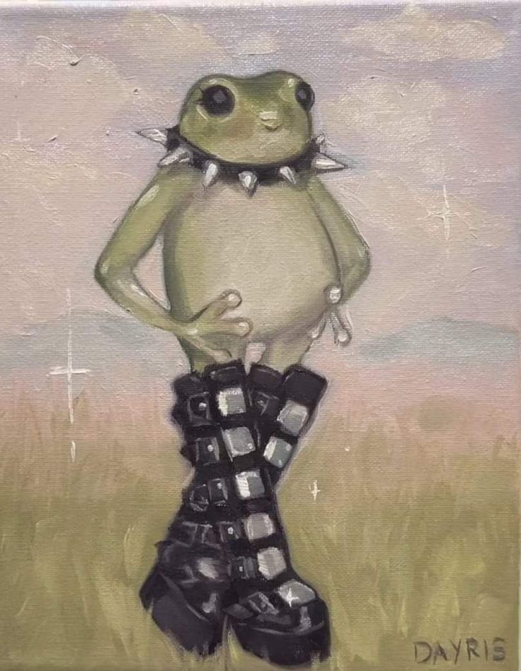 a painting of a frog with boots on it's feet, standing in a field